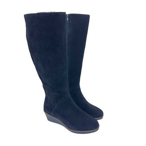 Aerosoles Binocular Women SZ 7W Black Suede Leather Knee Boots-2.5” Wedge Heels - Picture 2 of 16